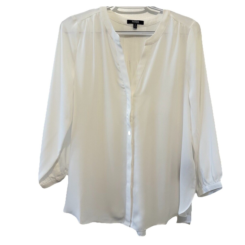 NYDJ White Pleated Back Blouse Split Neck 3/4 Sleeve Career Top Womens S